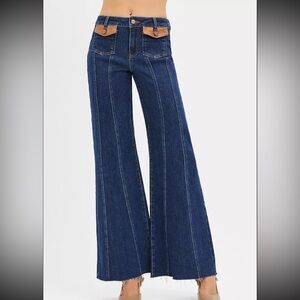 RISEN High Rise Wide Flare Jeans with Front Leather Pocket Detail 3/26